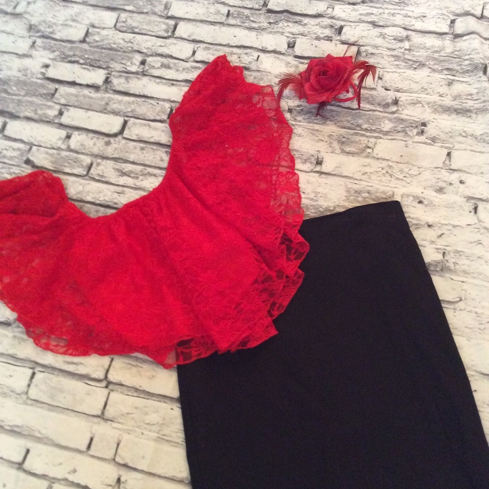 🍒 2PC LACE RUFFLE TOP PENCIL SKIRT HAIR ROSE SET - Picture 3 of 3